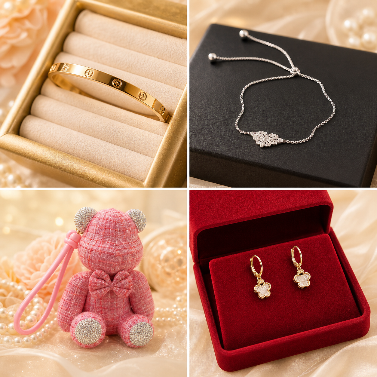 Olla product variations arranged as bracelet, silver chain, charm display, and red earring box